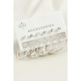 12 Adet Ezme Taşlı Halka Küpe-Gümüş Rengi