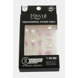 Misyul Taşlı Takma Tırnak 24 Adet-Pembe