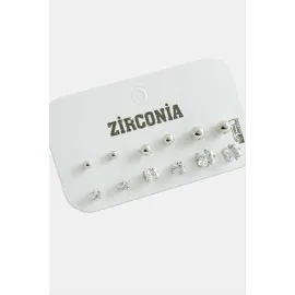 12 Adet Kare Zirkon Tek Taşlı Küpe-Gümüş Rengi