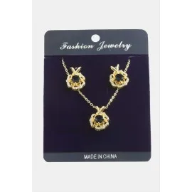 Gül Zirkon Taşlı Set Kolye-Siyah