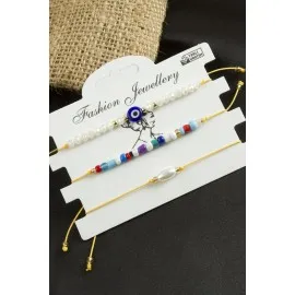 3 Adet Nazar Kristal Kum Boncuk Bileklik-Sarı