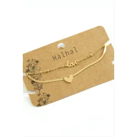 Kalp Love Yazılı Lüks Çelik Halhal-Sarı