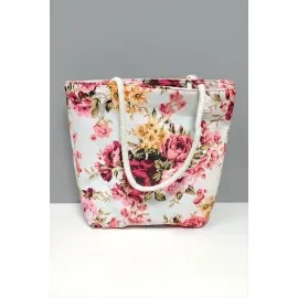 Gül Desenli Plaj Çantası-Pembe