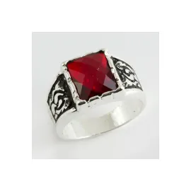 Kristal Taşlı Metal Erkek Yüzük-Kırmızı