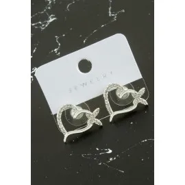 Kalp Kelebek Zirkon Taşlı Küpe-Gümüş Rengi