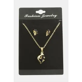 Çiçek Zirkon Taşlı Set Kolye-Siyah