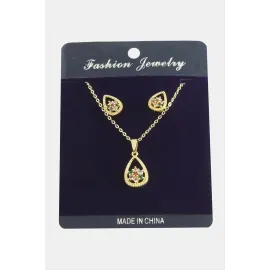 Oval Kartanesi Zirkon Taşlı Set Kolye-Renkli