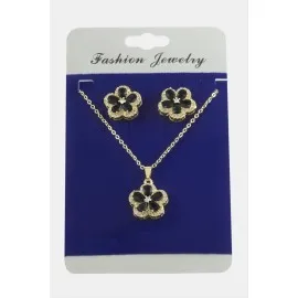 Çiçek Zirkon Taşlı Set Kolye-Siyah