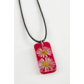 Papatya Dikdörtgen Epoksi Kolye-Fuşya