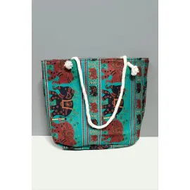 Satürn Desenli Plaj Çantası-Yeşil