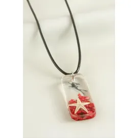Deniz Yıldızı Dikdörtgen Epoksi Kolye-Kırmızı