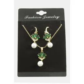 Çiçek İnci Zirkon Taşlı Set Kolye-Yeşil