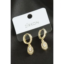 Oval Zirkon Taşlı Küpe-Sarı