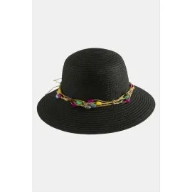 Renkli Doğaltaşlı Hasır Şapka-Siyah