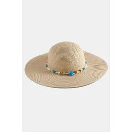 Boncuklu Hasır Şapka-Pudra Rengi