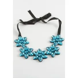 Çiçek Taşlı Yaka Kolye-Turkuaz
