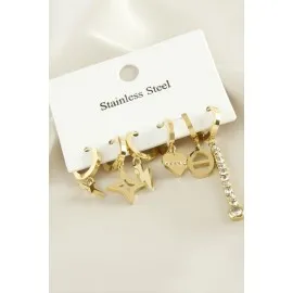 6 Adet Yıldız  Zirkon Taşlı Lüks Çelik Küpe-Sarı