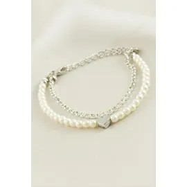 Kalp Şerit Taşlı İnci Bileklik-Gümüş Rengi