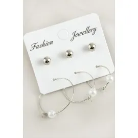 6 Adet İnci Halka Küpe 2,5 Cm-Gümüş Rengi