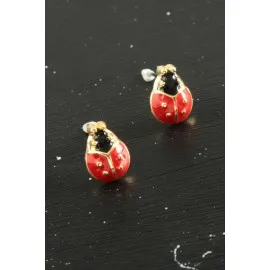 Uğur Böceği Mineli Minik Küpe-Kırmızı