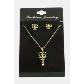 Kalp Zirkon Taşlı Set Kolye-Gümüş Rengi