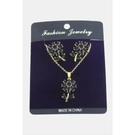 Papatya Zirkon Taşlı Set Kolye-Siyah