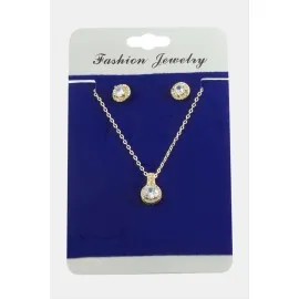 Yuvarlak Zirkon Taşlı Set Kolye-Gümüş Rengi