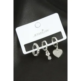 3 Adet Kalp Zirkon Taşlı Küpe-Gümüş Rengi