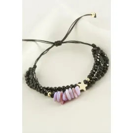 3lü Kırık Doğaltaş Kristal Zincirli Bileklik-Lila