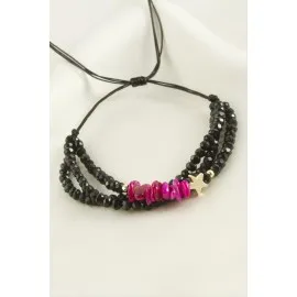 3Lü Kırık Doğaltaş Kristal Zincirli Bileklik-Pembe