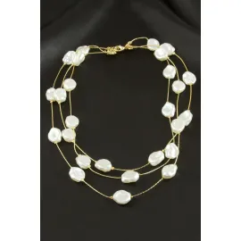 Oval İnci Üçlü Kolye-Gümüş Rengi