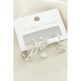 3 Adet Baget Zirkon Taşlı Küpe-Sarı