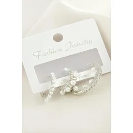 3 Adet Çivi İnci Zirkon Taşlı Küpe-Gümüş Rengi