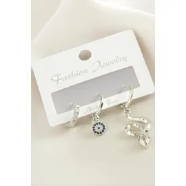 3 Adet Yılan Zirkon Taşlı Küpe-Gümüş Rengi