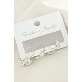 3 Adet Kare Zirkon Taşlı Küpe-Gümüş Rengi