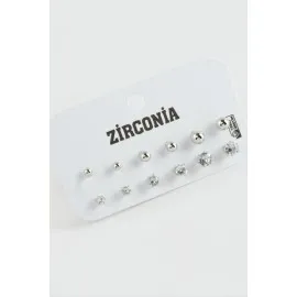 12 Adet Zirkon Tek Taşlı Küpe-Gümüş Rengi