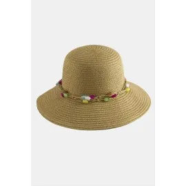 Renkli Doğaltaşlı Hasır Şapka-Kahverengi