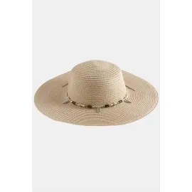 Yaprak Boncuklu Hasır Şapka-Pudra Rengi