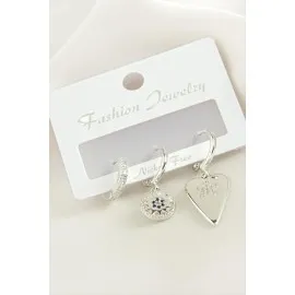 3 Adet Kalp Zirkon Taşlı Küpe-Gümüş Rengi