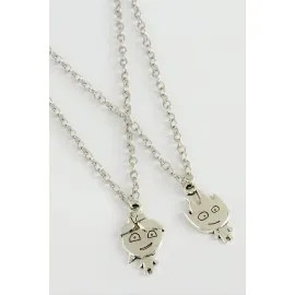 Ateş ve Su 2li Metal Kolye-Gümüş Rengi