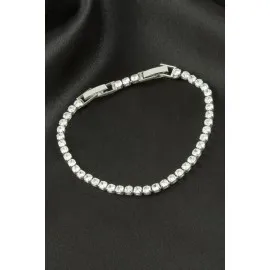 Yuvarlak Zirkon Taşlı Lüks Kararmaz Bileklik 3 mm-Gümüş Rengi