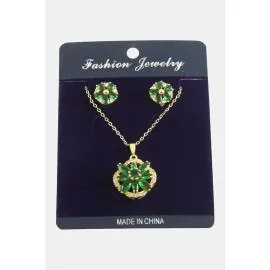 Çiçek Zirkon Taşlı Set Kolye-Gümüş Rengi