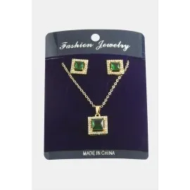 Kare Zirkon Taşlı Set Kolye-Gümüş Rengi