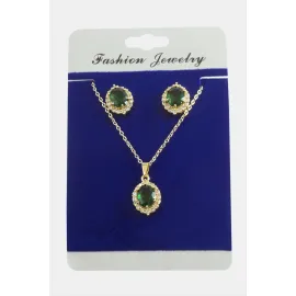 Oval Zirkon Taşlı Set Kolye-Kırmızı