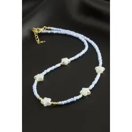 Yıldız İnci Kum Boncuk Kolye-Açık Mavi