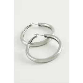 Çizgili Boru Halka Küpe 3,5 Cm-Gümüş Rengi