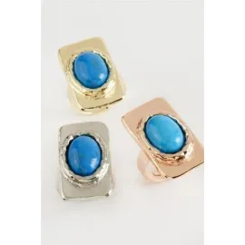 Dikdörtgen Turkuaz Taşlı Yüzük-Gümüş Rengi