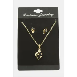 Çiçek Zirkon Taşlı Set Kolye-Siyah