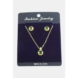 Yuvarlak Zirkon Taşlı Set Kolye-Yeşil