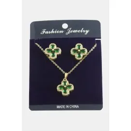 Çiçek Zirkon Taşlı Set Kolye-Yeşil